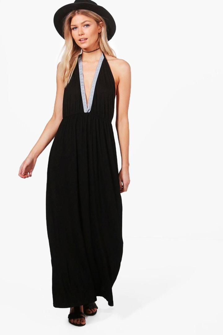 Boohoo Petite Ella Halterneck Trim Maxi Dress Black