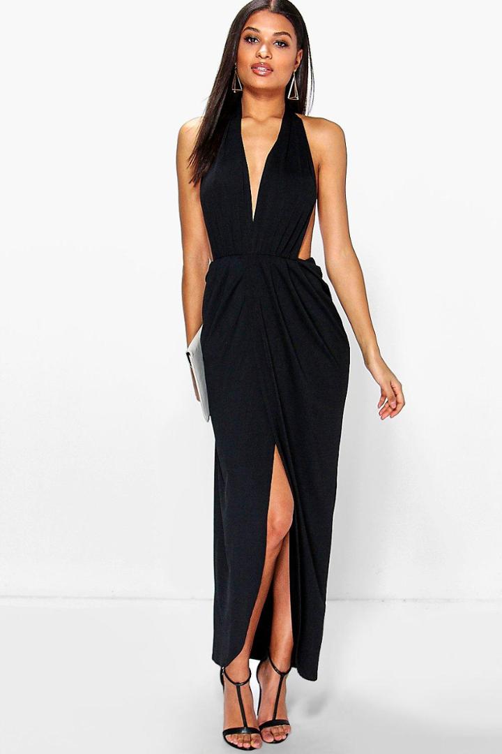 Boohoo Nikole Halterneck Pleated Maxi Dress Black