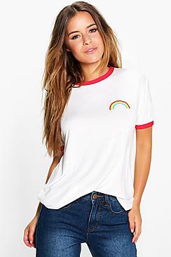 Boohoo Petite Dory Rainbow Logo Binding Tee