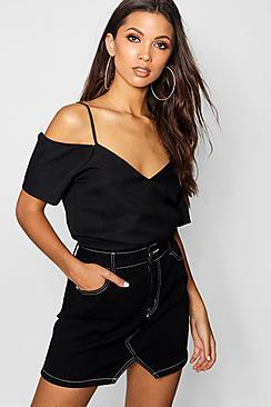 Boohoo Wrap Front Cold Shoulder Top