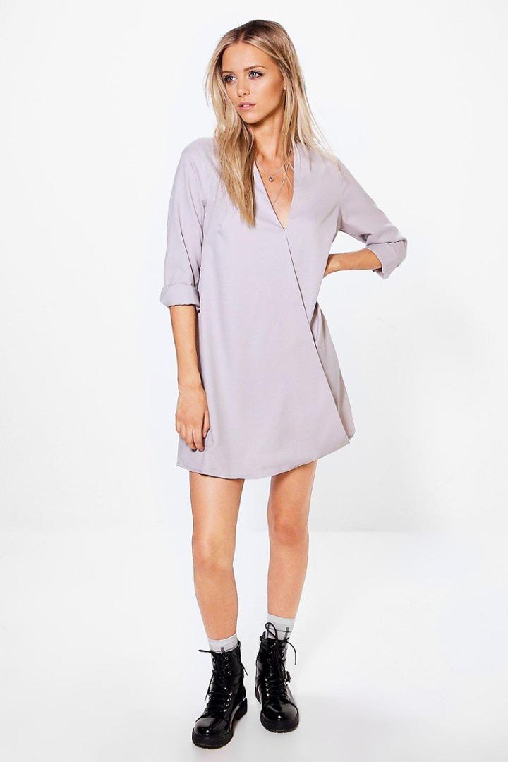 Boohoo Soph Wrap Front Shirt Dress Dove