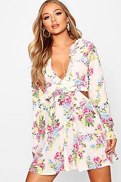 Boohoo Floral Print Cutout Skater Dress