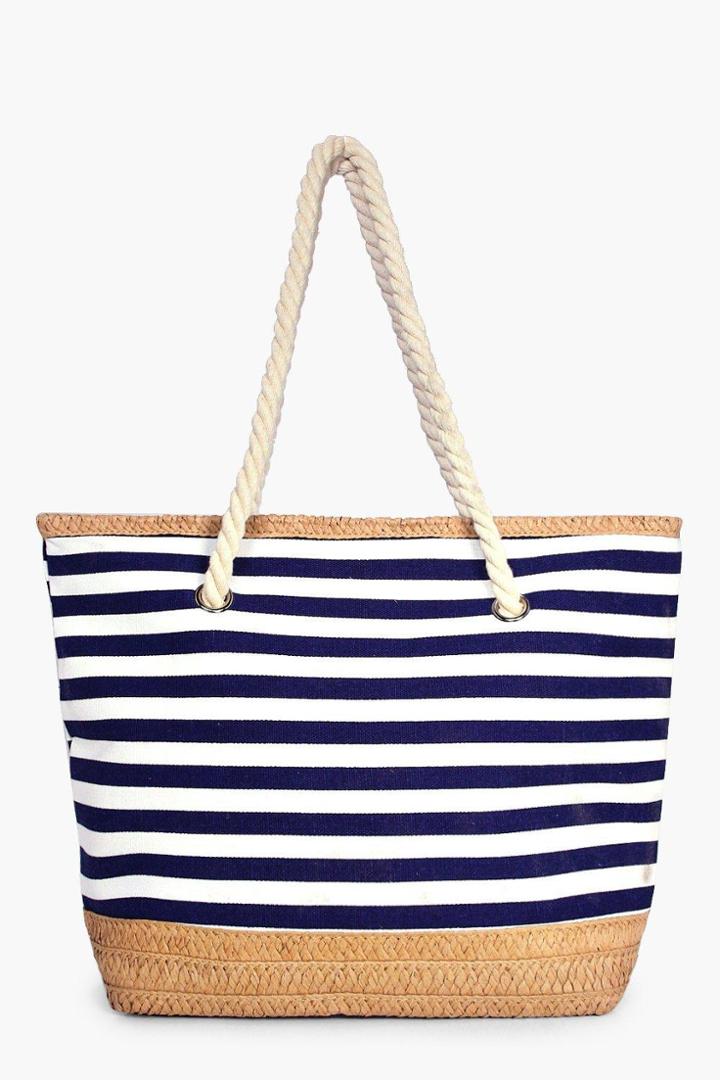 Boohoo Matilda Stripe & Straw Beach Bag Blue