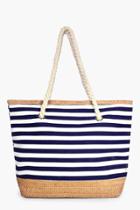 Boohoo Matilda Stripe & Straw Beach Bag Blue