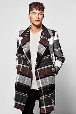 Boohoo Brown Check Double Breasted Wool Mix Overcoat