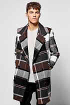 Boohoo Brown Check Double Breasted Wool Mix Overcoat