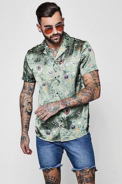 Boohoo Khaki Floral Satin Revere Short Sleeve Shirt
