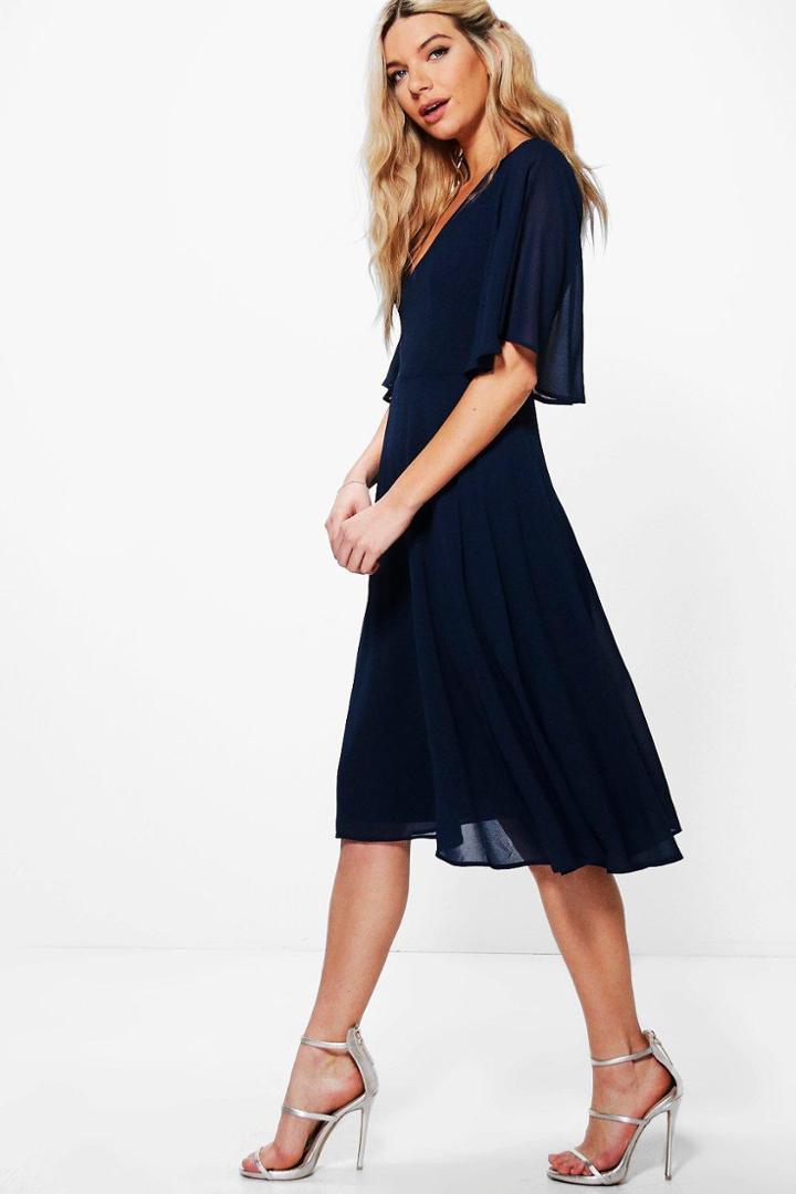 Boohoo Sadia Angel Sleeve Midi Skater Dress Navy