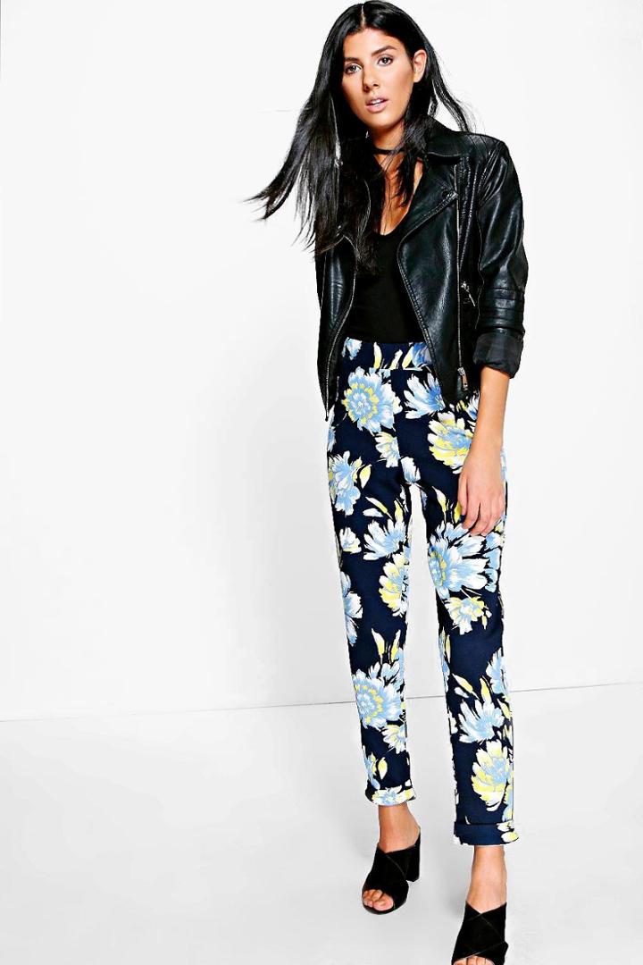 Boohoo Reylan Large Floral Crepe Stretch Skinny Trousers Navy