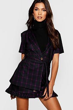 Boohoo Tie Belt Window Pane Check Sis Blazer