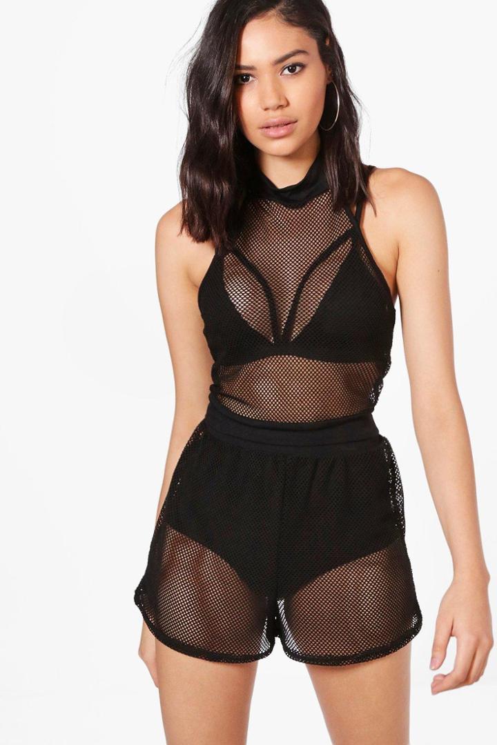 Boohoo Natasia Halter Mesh Crop & Short Co-ord Black