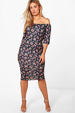 Boohoo Plus Katie Floral Printed Bardot Dress With Half Sleeve