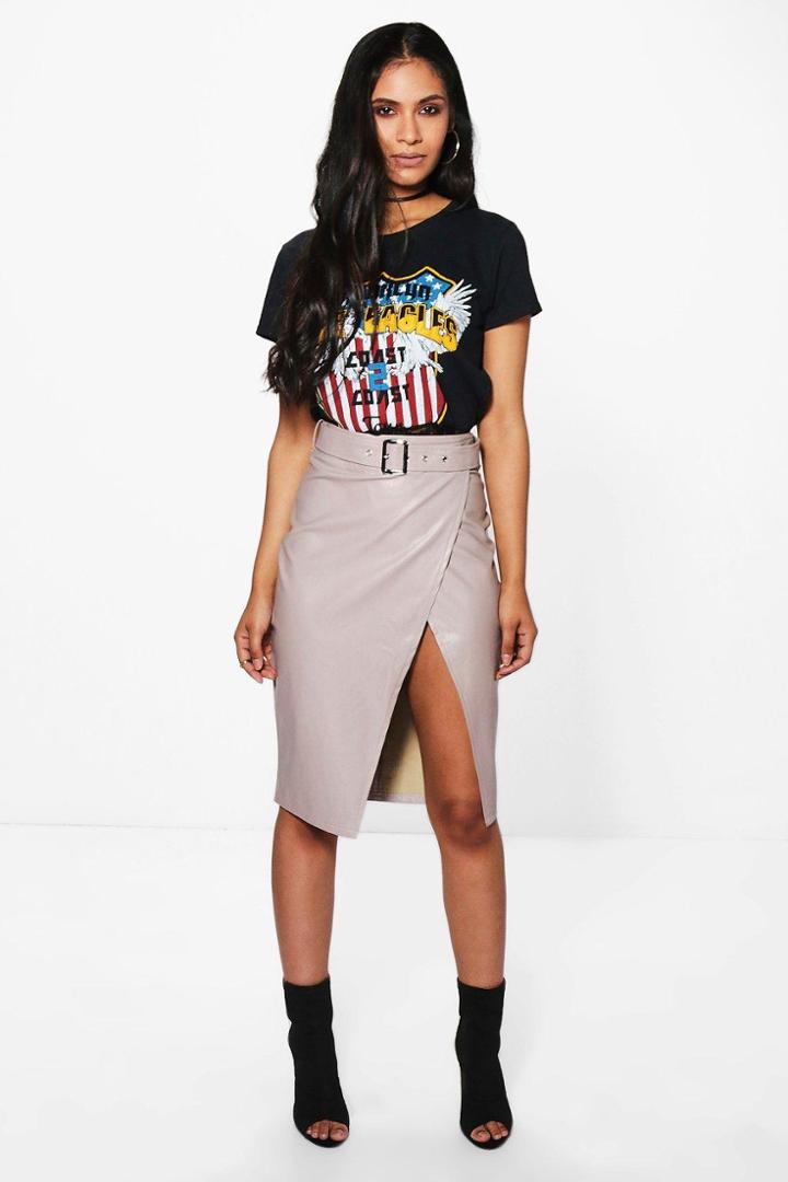 Boohoo Azalen Belted Leather Look Midi Skirt Taupe