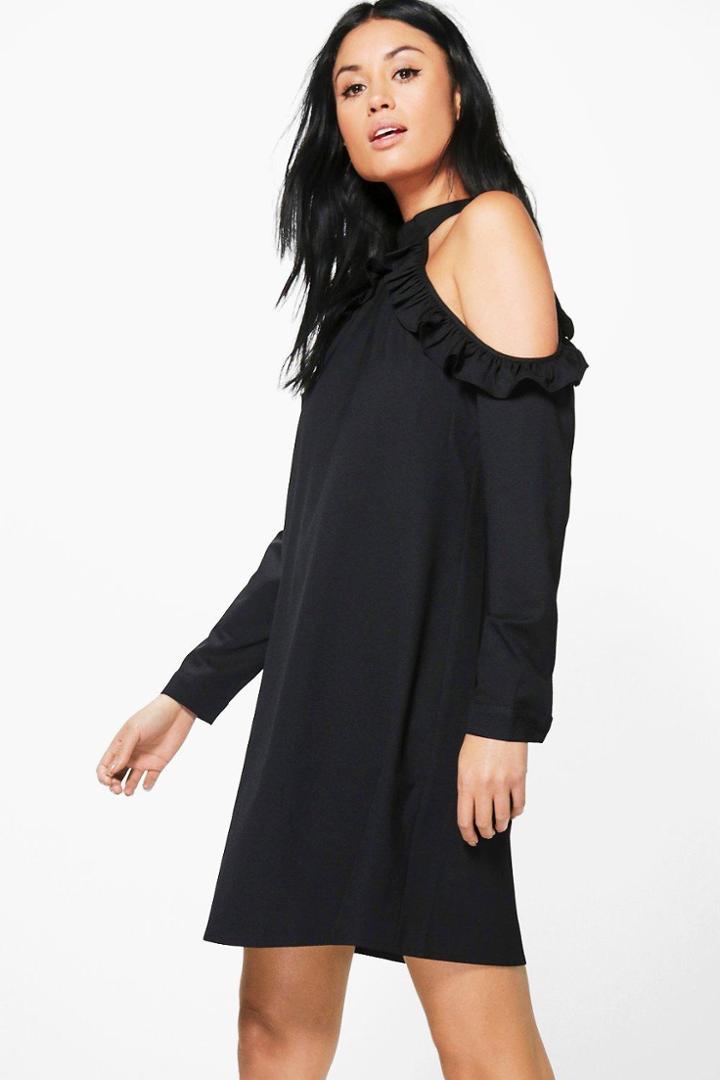 Boohoo Lia Cold Shoulder Ruffle Sleeve Shift Dress Black