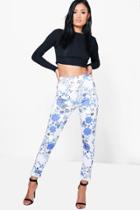 Boohoo Ines Floral Skinny Stretch Trousers Blue