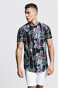 Boohoo Longline Curved Hem Floral Print Striped Tee