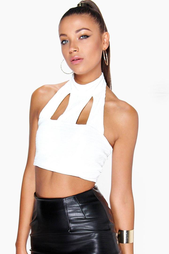 Boohoo Clara Pleat High Neck Crop Top White