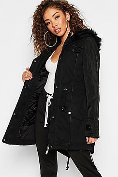 Boohoo Faux Leather Sleeve Faux Fur Trim Parka