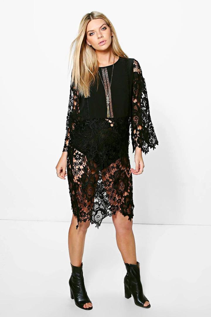 Boohoo Ina Crochet Lace Kimono Sleeve Dress Black