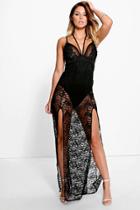 Boohoo Aisha Lace Sheer Applique Detail Maxi Dress Black