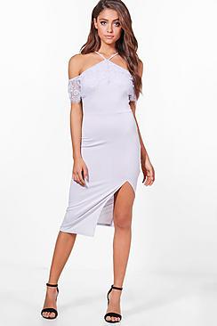 Boohoo Emily Lace Off Shoulder Detail Midi Dress