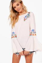 Boohoo Alice Applique Flare Sleeve Top White