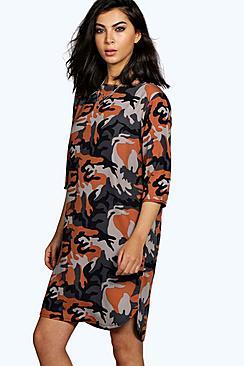 Boohoo Mira Camo Print 3/4 Sleeve Shift Dress