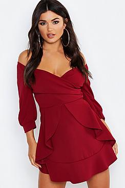Boohoo Ruffle Detail Wrap Skater Dress