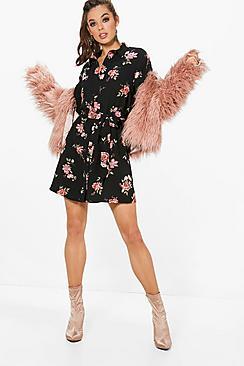 Boohoo Fiya Floral Print Tie Waist Woven Shirt Dress