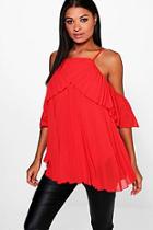 Boohoo Molly Cold Shoulder Pleated Ruffle Top