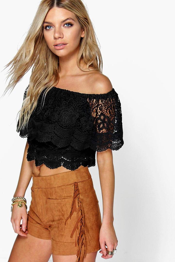 Boohoo Tia Crochet Lace Frill Off The Shoulder Top Black