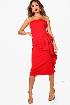 Boohoo Erin Bandeau Ruffle Detail Midi Dress