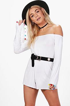 Boohoo Jasmin Pom Pom Trim Off The Shoulder Playsuit