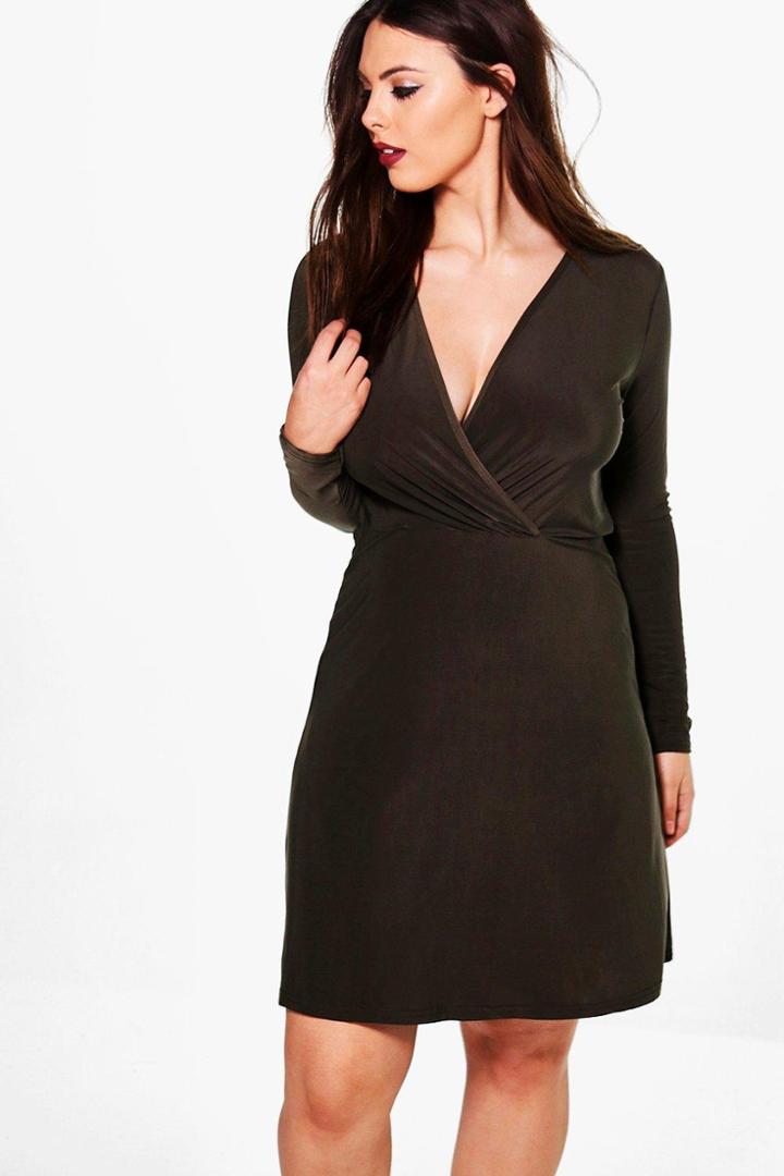 Boohoo Plus Hollie Slinky Wrap Front Dress Khaki