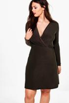 Boohoo Plus Hollie Slinky Wrap Front Dress Khaki