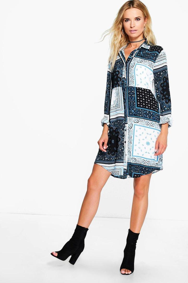 Boohoo Bryony Scarf Printed Shirt Dress Blue