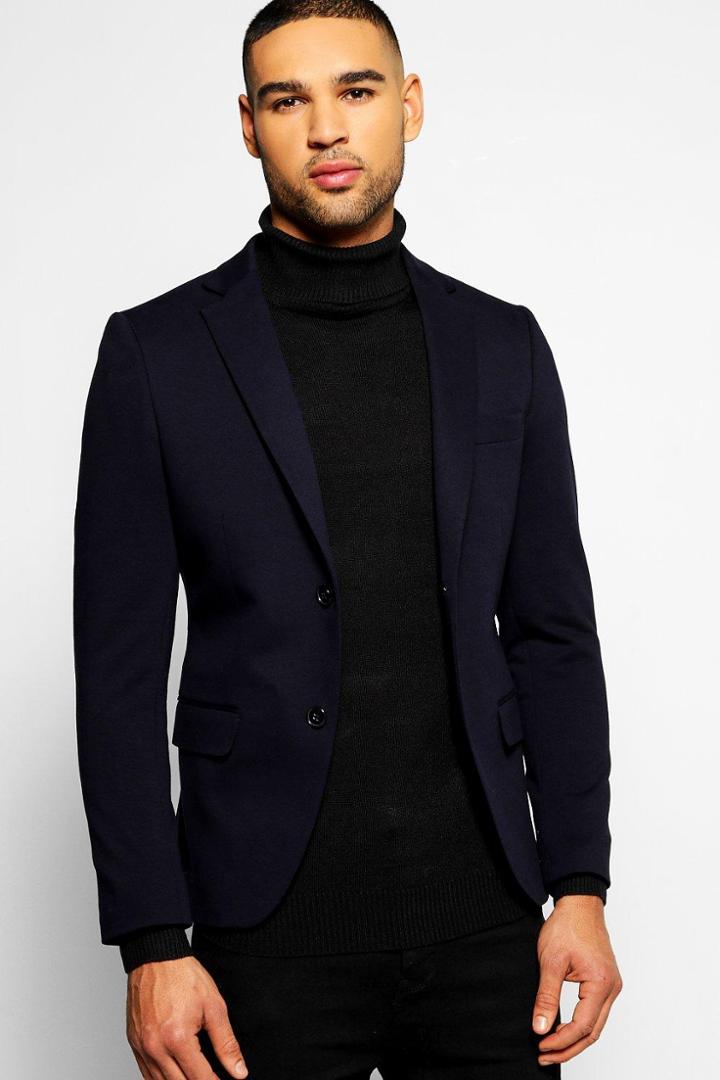 Boohoo Slim Fit Jersey Blazer Navy