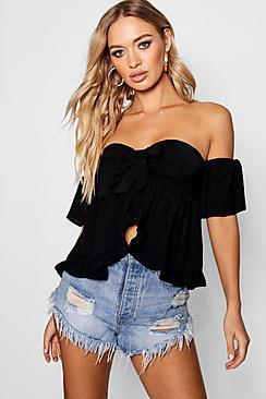 Boohoo Amy Woven Ruffle Tie Front Crop