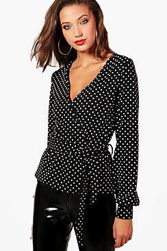 Boohoo Tall Regan Spot Print Wrap Front Top