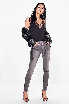 Boohoo Maisy Mid Rise Grey Skinny Jeans