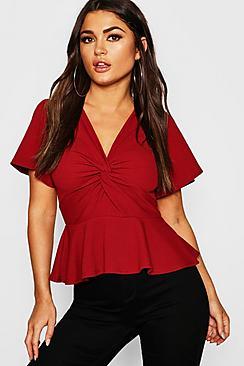 Boohoo Angel Sleeve Twist Front Pep Hem Top