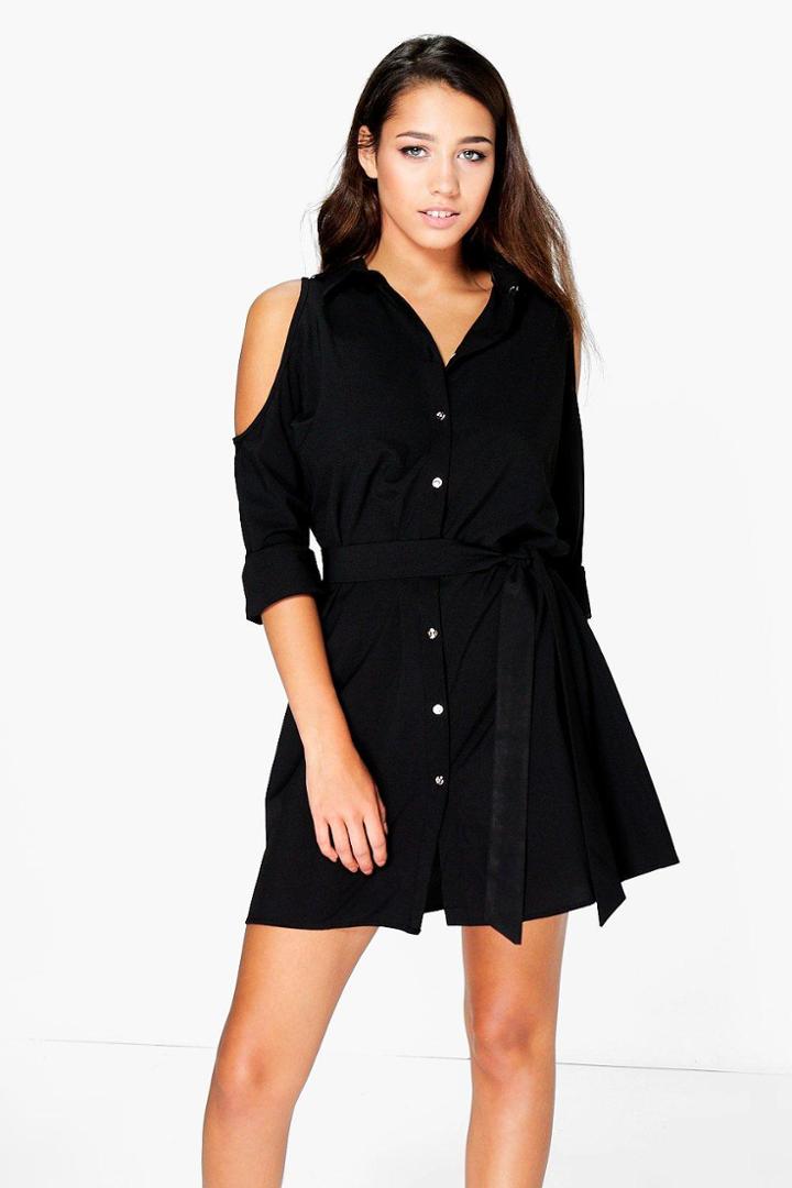Boohoo Annie Cold Shoulder Shirt Dress Black