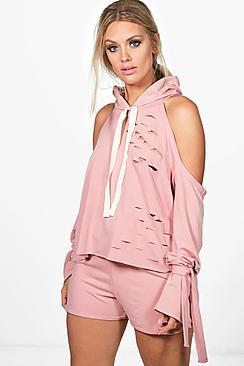 Boohoo Plus Ava Distressed Open Shoulder Short Lounge Set