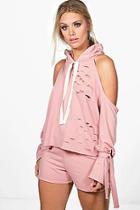 Boohoo Plus Ava Distressed Open Shoulder Short Lounge Set