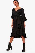 Boohoo Rosie Ruched Sleeve  Wrap Midi Dress