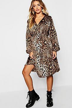 Boohoo Leopard Print V Neck Midi Dress