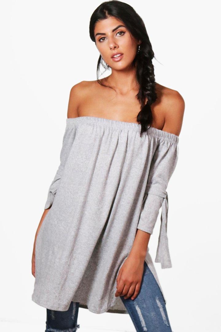 Boohoo Nicola Bardot Tie Cuff Soft Knit Tunic Grey