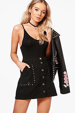 Boohoo Louise Studded Button Through Denim Skirt