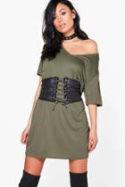 Boohoo Elyse Corset Belt 2 In 1 V Neck T-shirt Dress Khaki