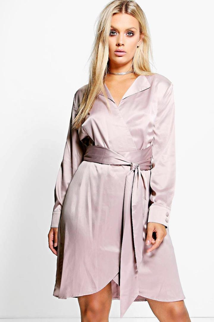 Boohoo Plus Tessa Satin Wrap Shirt Dress Smoke
